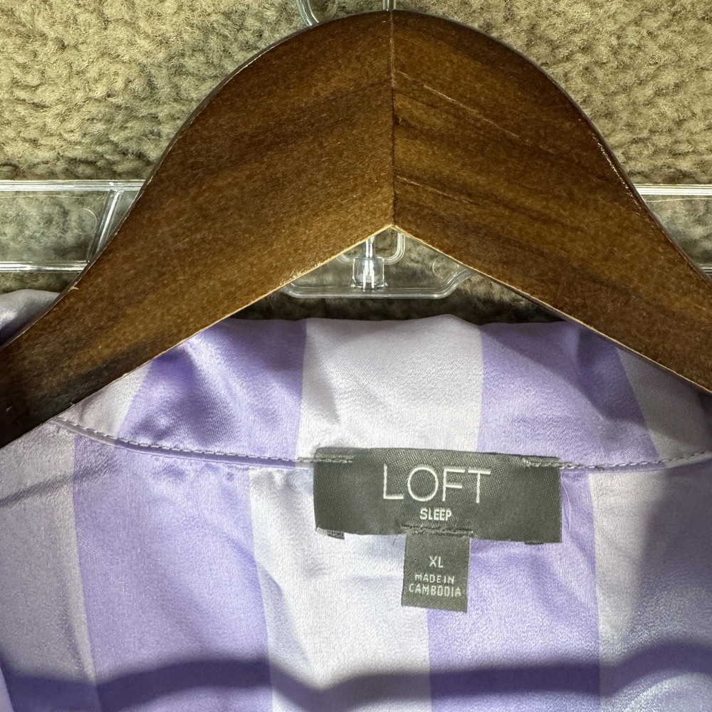 LOFT Sleep Pajama Set Womens XL Purple Satin Stripe Notch Collar Long Sleeve PJs - Picture 4 of 16